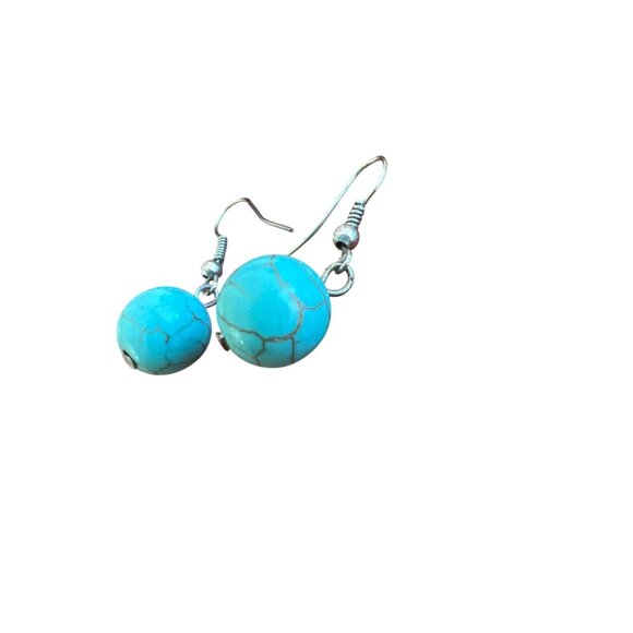 Turquoise Round Bead Dangle Earrings Silver Tone Hooks Lightweight 1.25" Estate - Picture 2 of 6